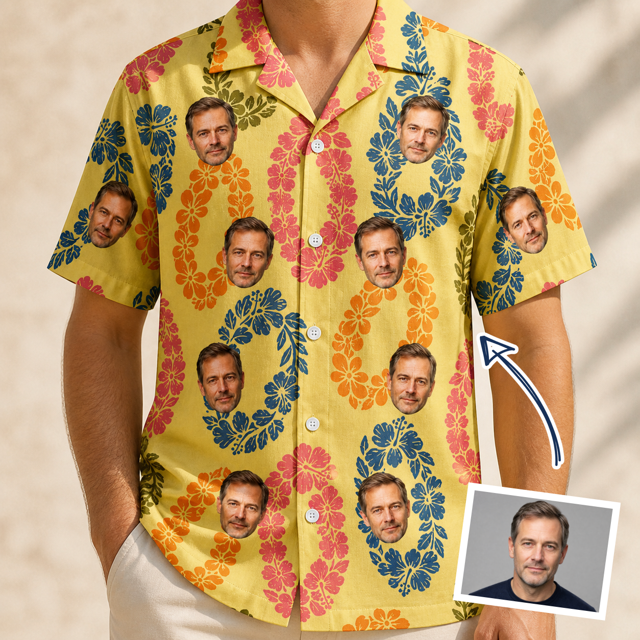 Man wearing Men's Leisure Lovers Custom Face Hawaiian Shirt — custom faces printed all-over