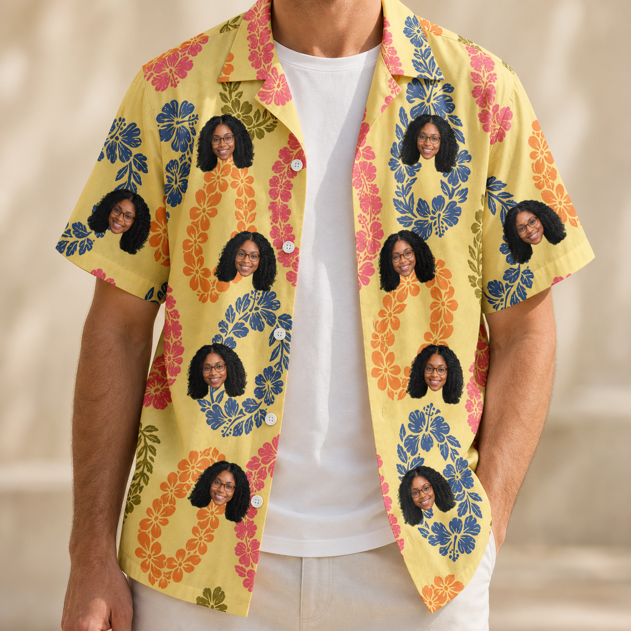 Man wearing Men's Leisure Lovers Custom Face Hawaiian Shirt open over a white tee