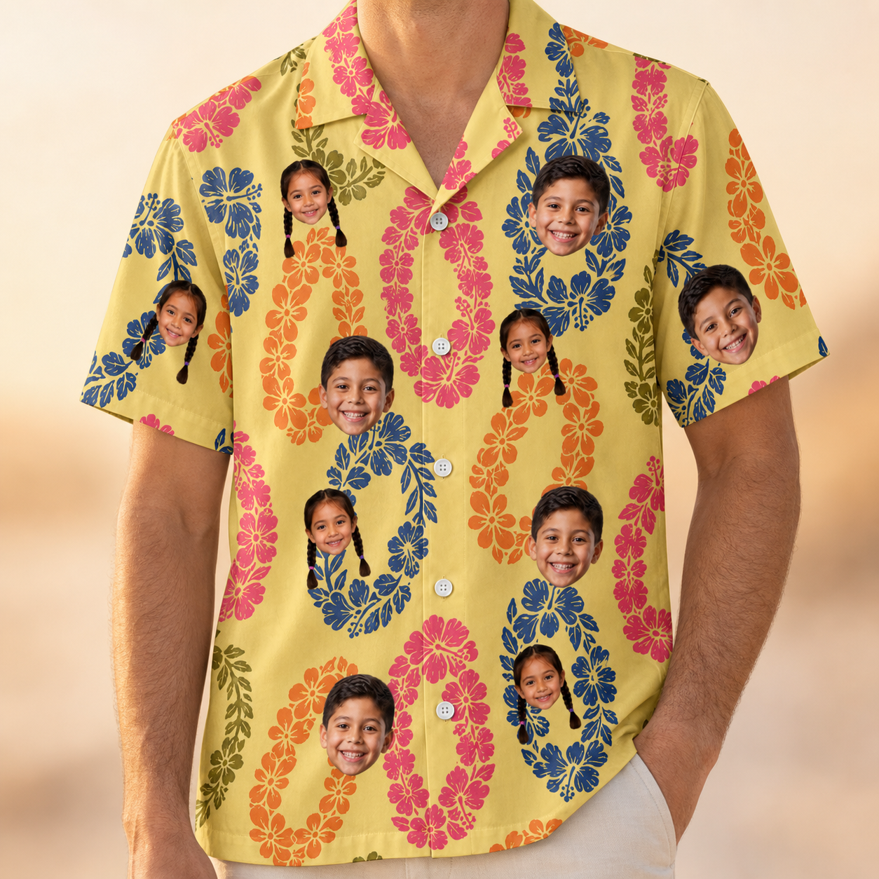 Model wearing Men's Leisure Lovers Custom Face Hawaiian Shirt printed with kids' faces
