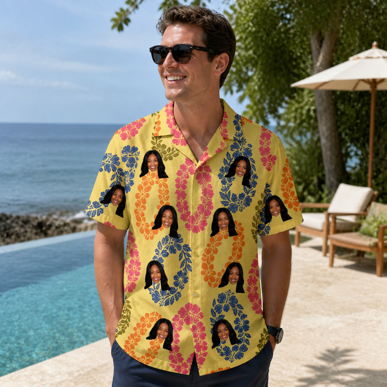 Real-life photo of someone wearing Men's Leisure Lovers Custom Face Hawaiian Shirt — custom faces printed all-over