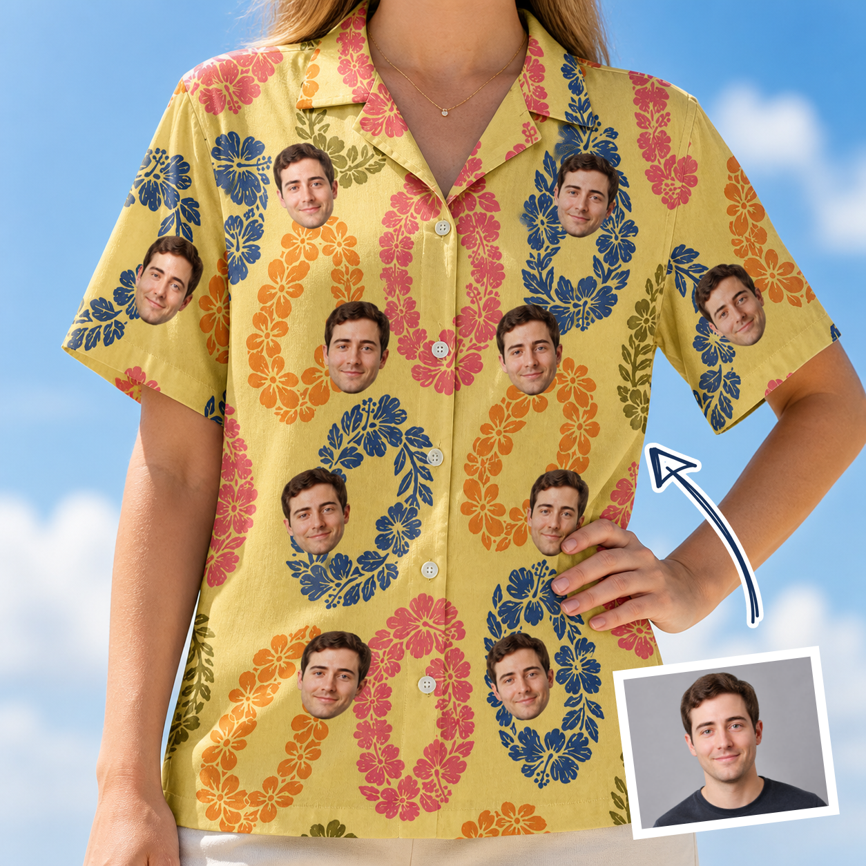 Woman wearing Women's Leisure Lovers Custom Face Hawaiian Shirt — custom faces printed all-over
