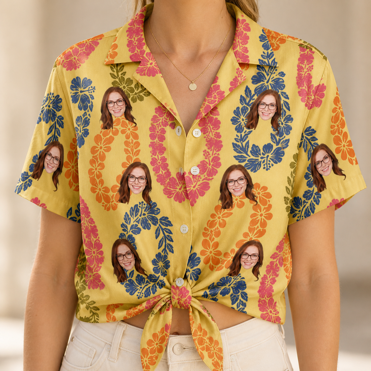 Woman wearing Women's Leisure Lovers Custom Face Hawaiian Shirt tied at the waist