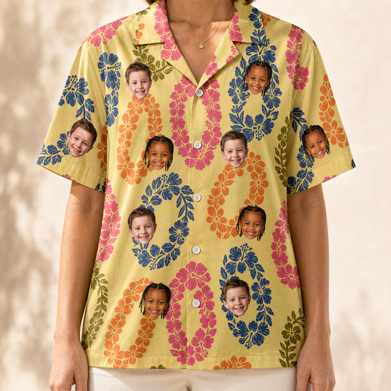 Model wearing Women's Leisure Lovers Custom Face Hawaiian Shirt printed with kids' faces