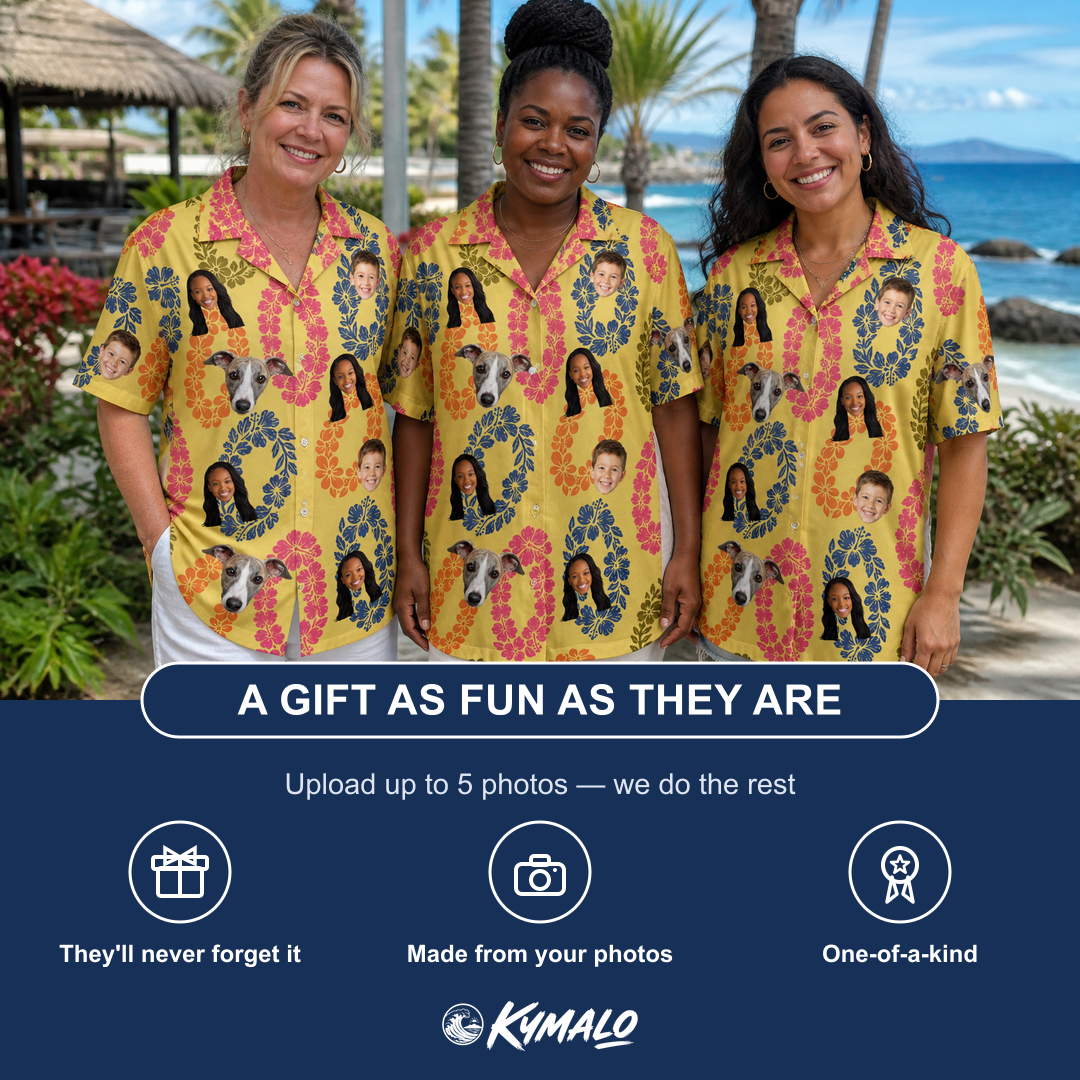 Friends in matching Women's Leisure Lovers Custom Face Hawaiian Shirt — a group gift photo