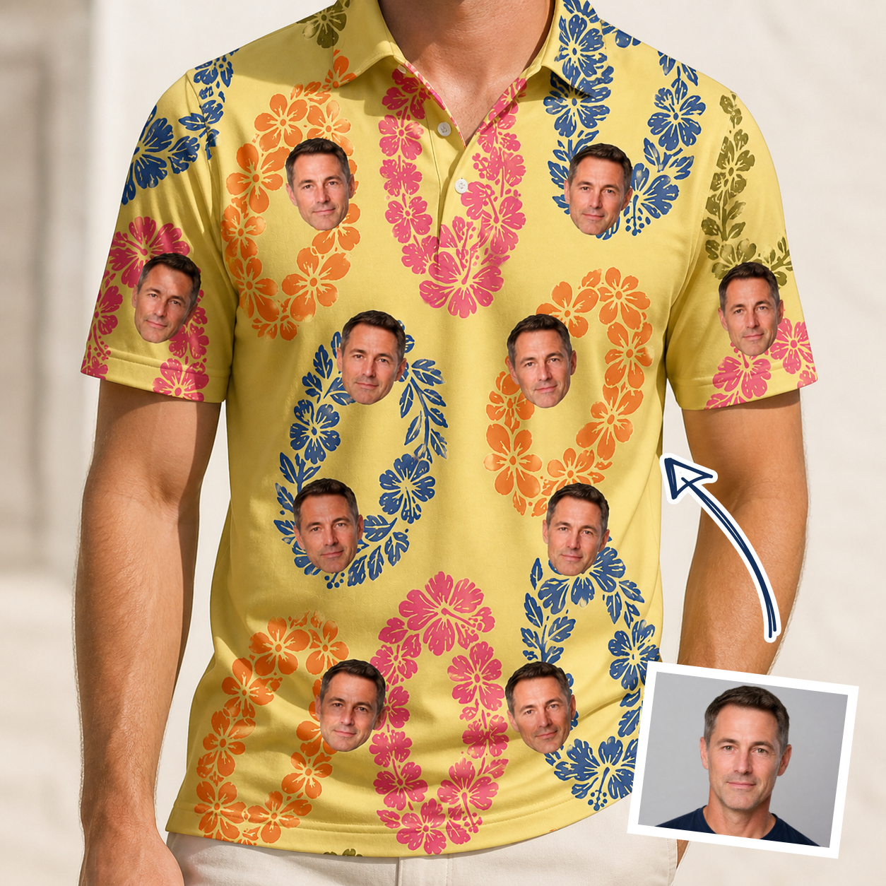 Man wearing Men's Leisure Lovers Custom Face Polo Shirt — custom faces printed all-over