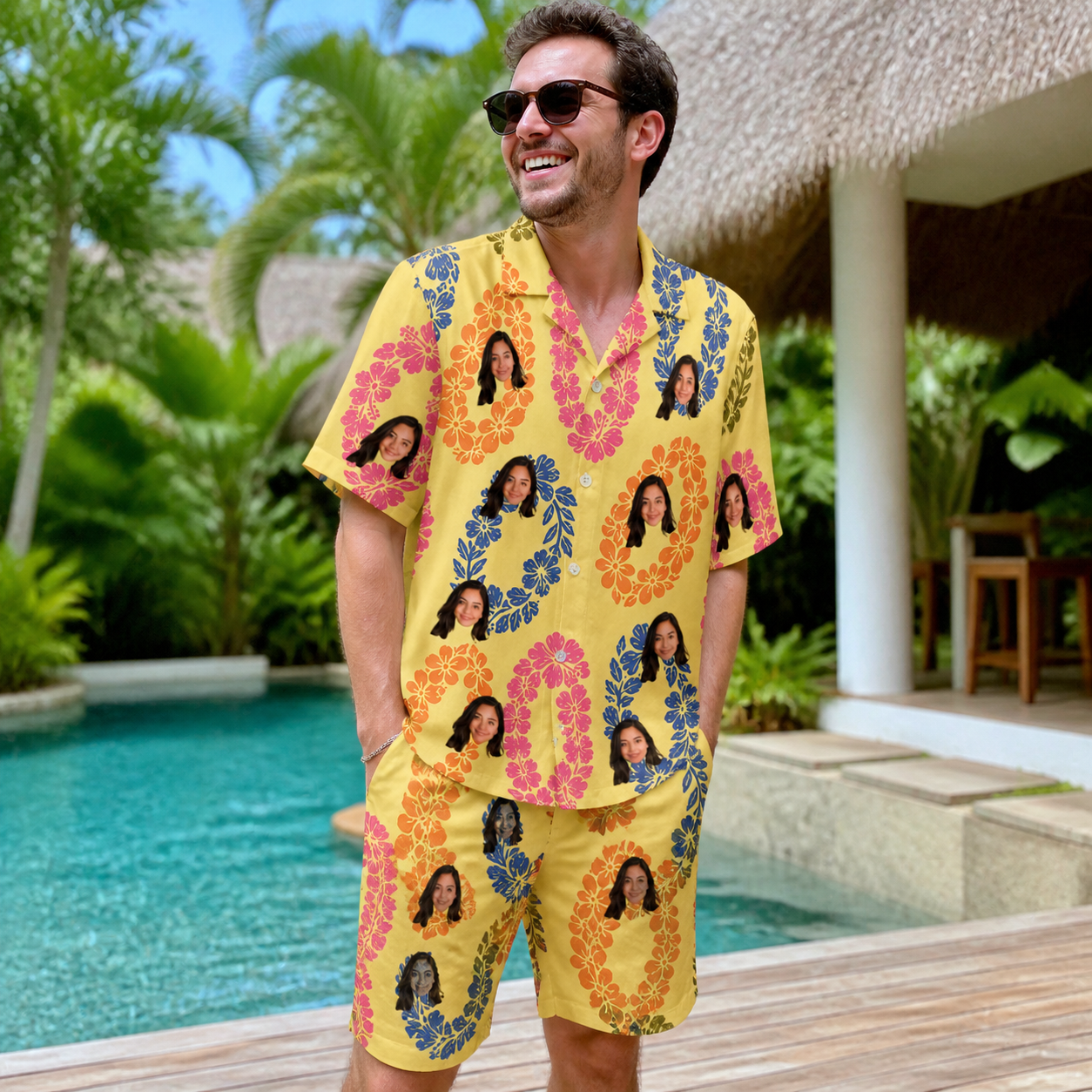 Real-life photo of someone wearing Men's Leisure Lovers Custom Face Shirt & Shorts Set — custom faces printed all-over
