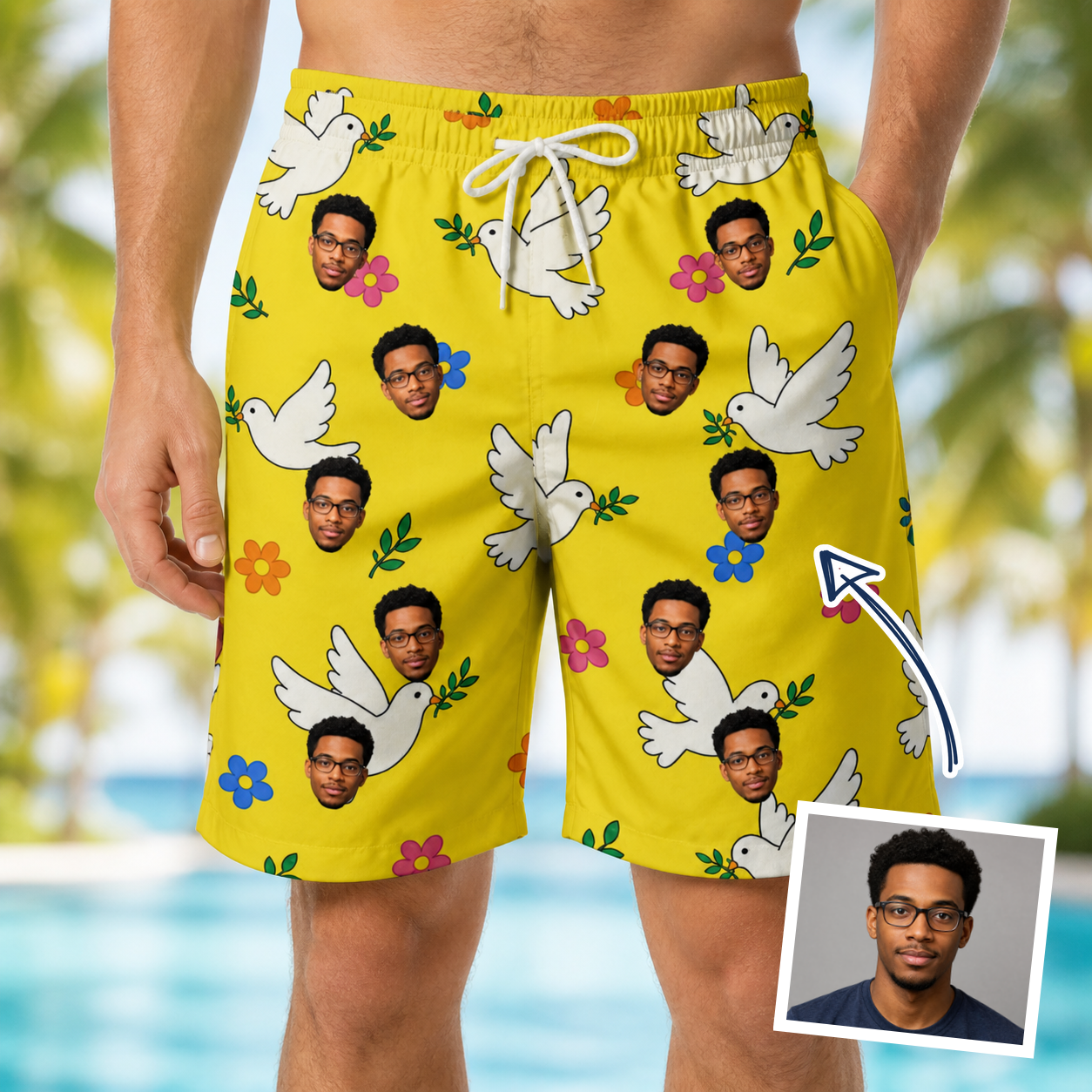 Man wearing Men's Dovebound Daydream Custom Face Beach Shorts — custom faces printed all-over