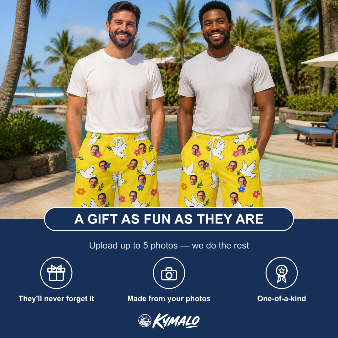 Friends in matching Men's Dovebound Daydream Custom Face Beach Shorts — a group gift photo