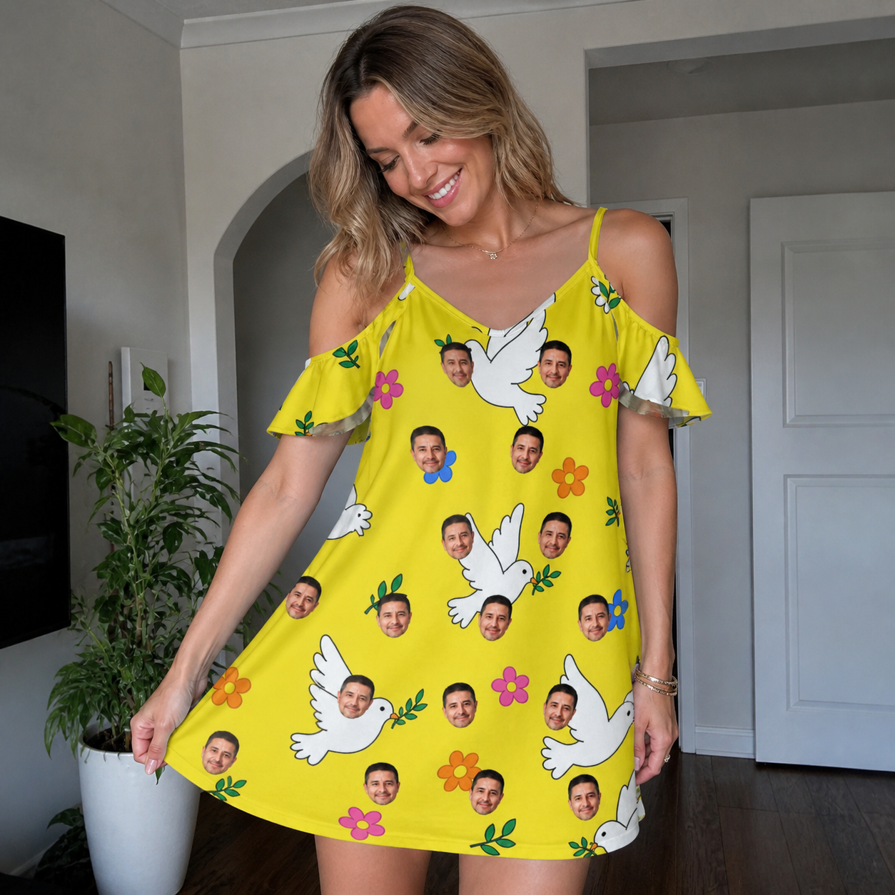 Real-life photo of someone wearing Women's Dovebound Daydream Custom Face Off-Shoulder Dress — custom faces printed all-over