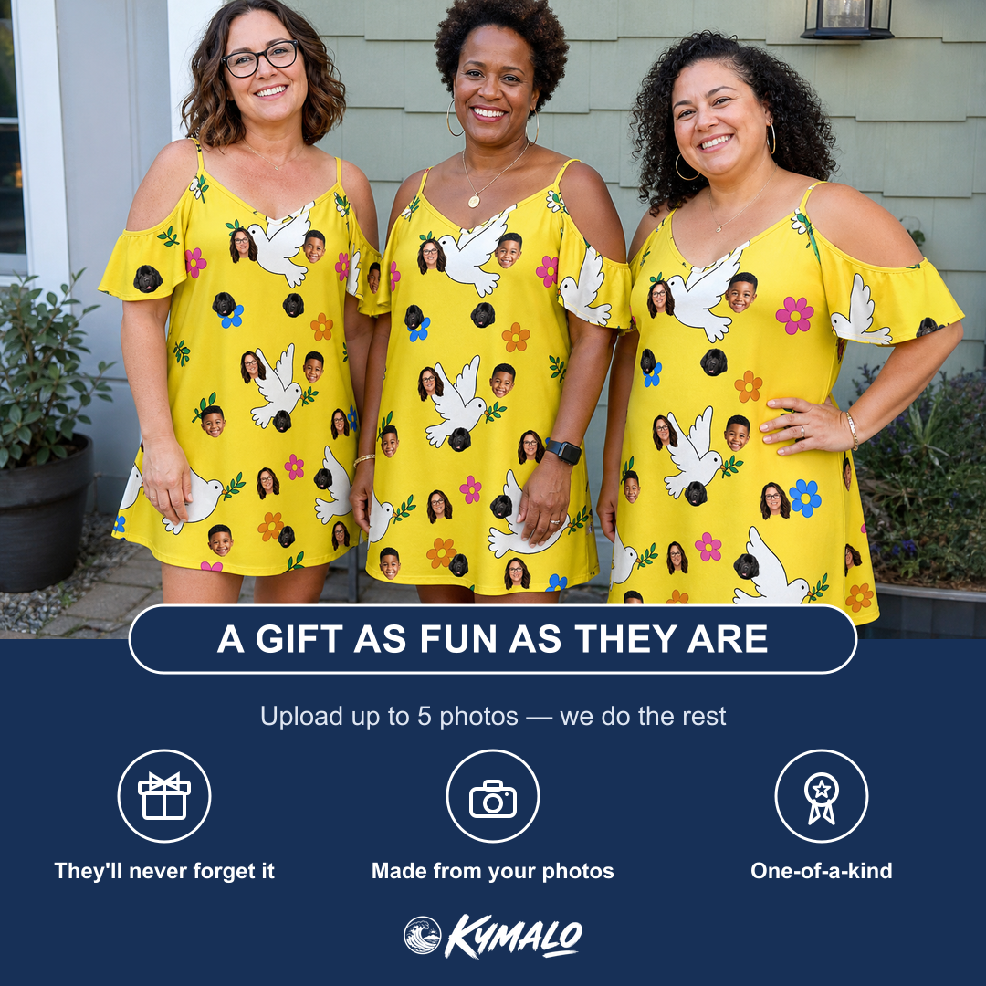 Friends in matching Women's Dovebound Daydream Custom Face Off-Shoulder Dress — a group gift photo