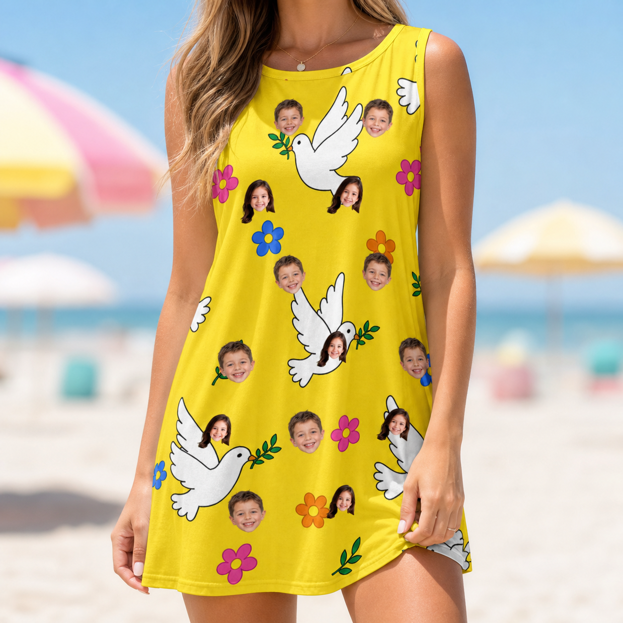 Model wearing Women's Dovebound Daydream Custom Face Tank Dress printed with kids' faces