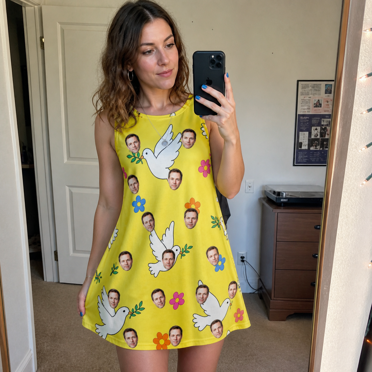 Real-life photo of someone wearing Women's Dovebound Daydream Custom Face Tank Dress — custom faces printed all-over
