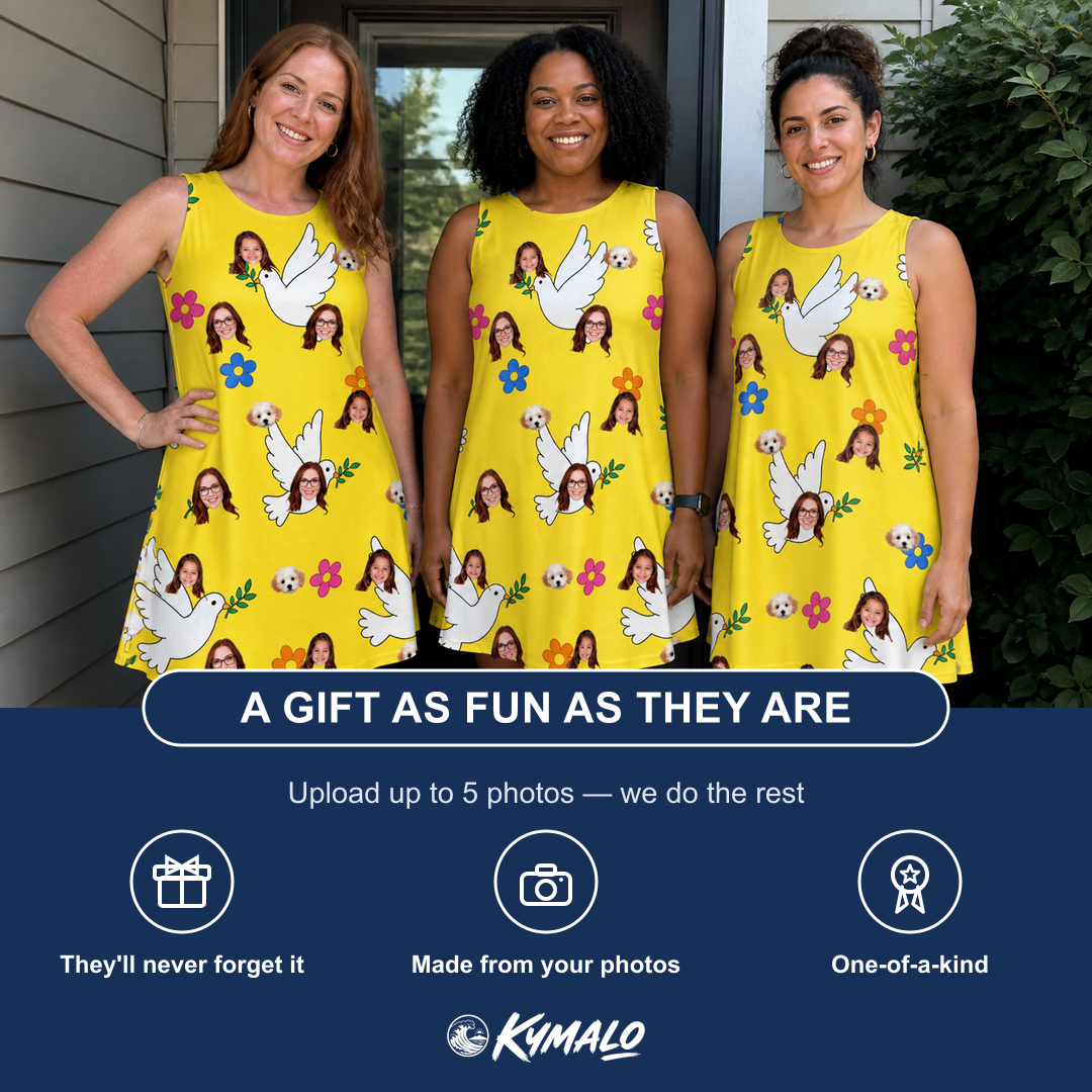 Friends in matching Women's Dovebound Daydream Custom Face Tank Dress — a group gift photo