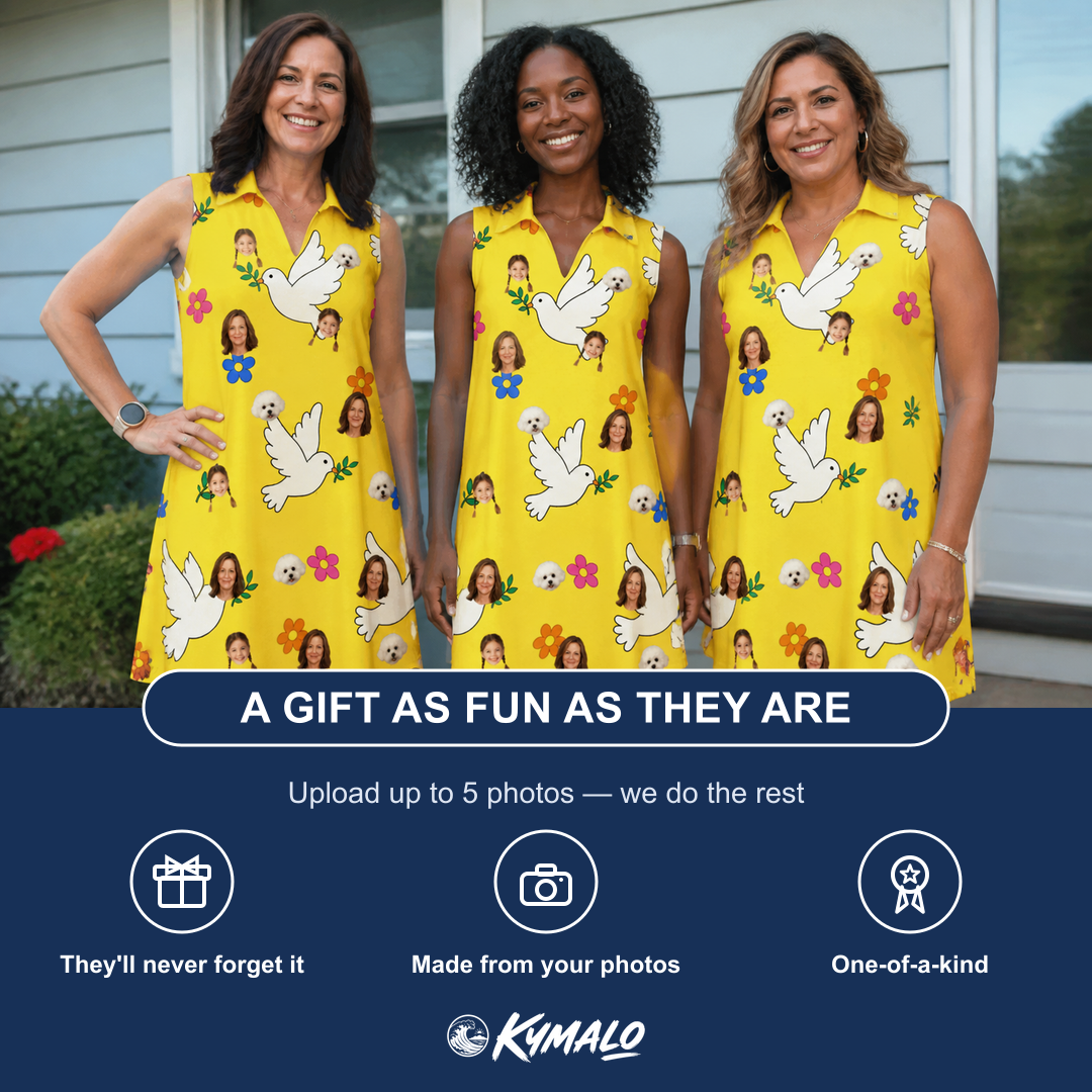 Friends in matching Women's Dovebound Daydream Custom Face V-Neck Dress — a group gift photo