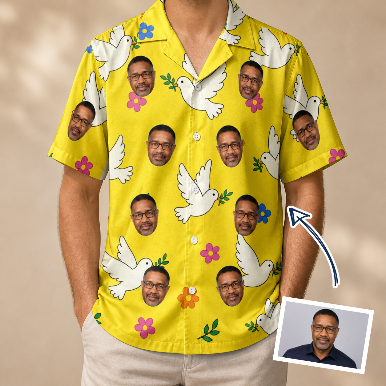 Man wearing Men's Dovebound Daydream Custom Face Hawaiian Shirt — custom faces printed all-over