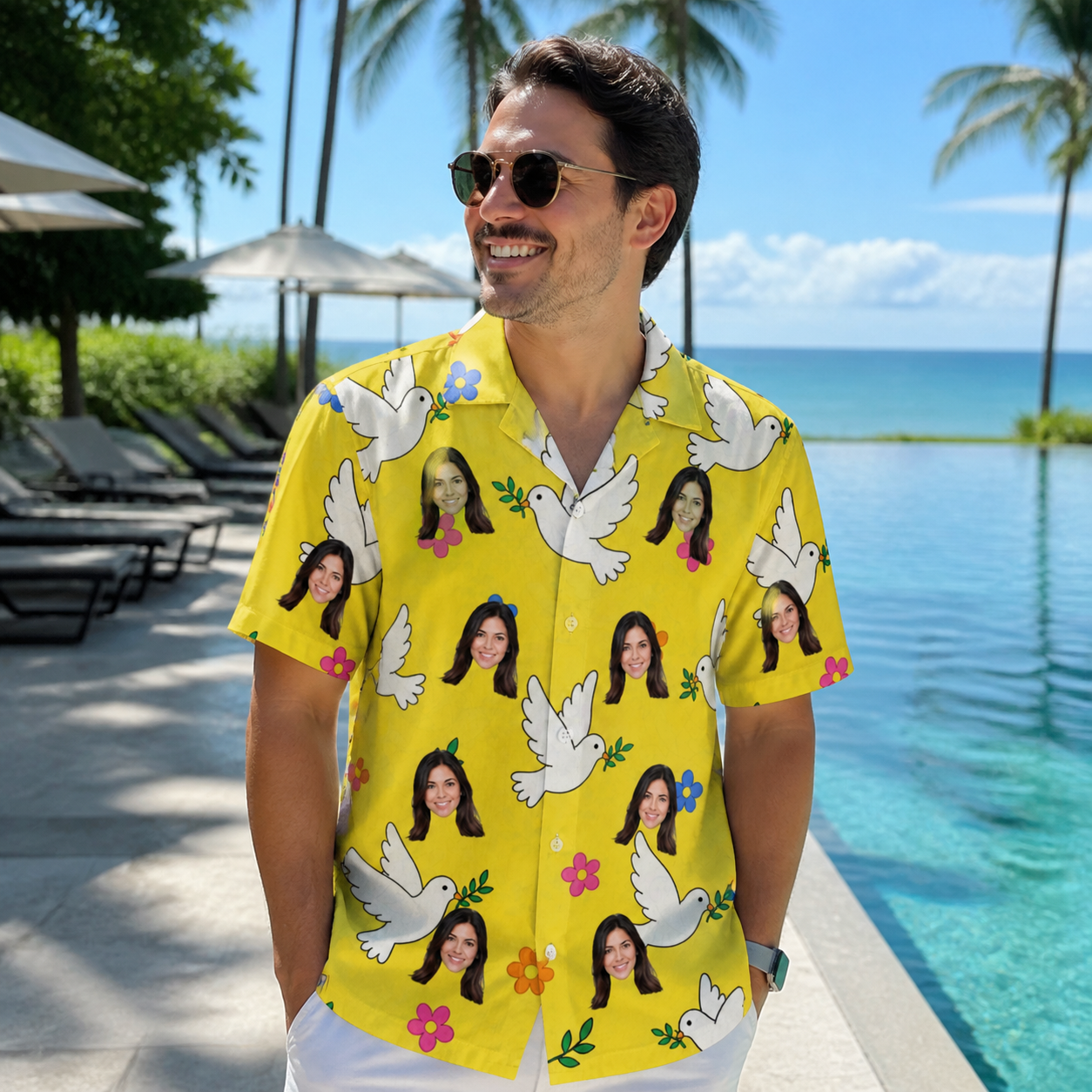 Real-life photo of someone wearing Men's Dovebound Daydream Custom Face Hawaiian Shirt — custom faces printed all-over