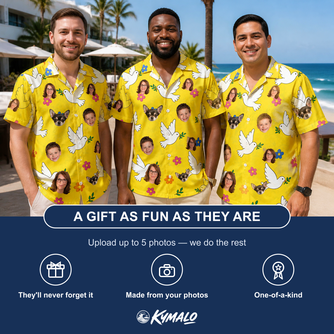 Friends in matching Men's Dovebound Daydream Custom Face Hawaiian Shirt — a group gift photo