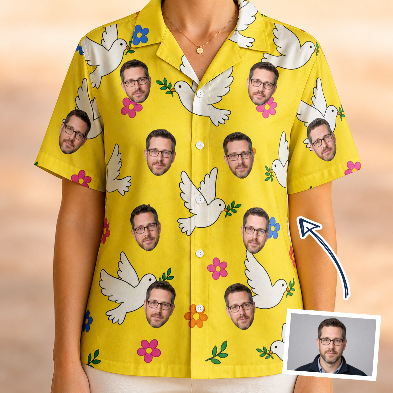 Woman wearing Women's Dovebound Daydream Custom Face Hawaiian Shirt — custom faces printed all-over