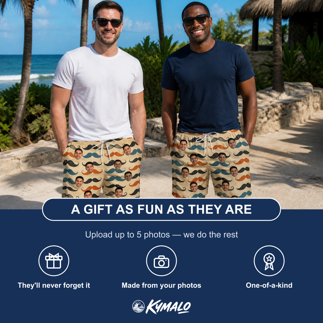 Friends in matching Men's Stache Celebration Custom Face Beach Shorts — a group gift photo