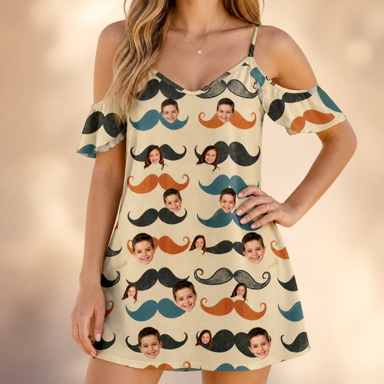 Model wearing Women's Stache Celebration Custom Face Off-Shoulder Dress printed with kids' faces