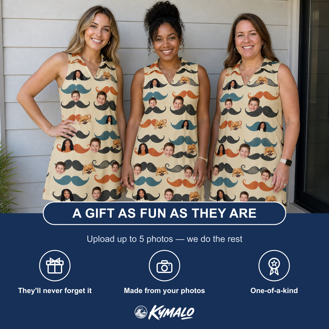 Friends in matching Women's Stache Celebration Custom Face V-Neck Dress — a group gift photo