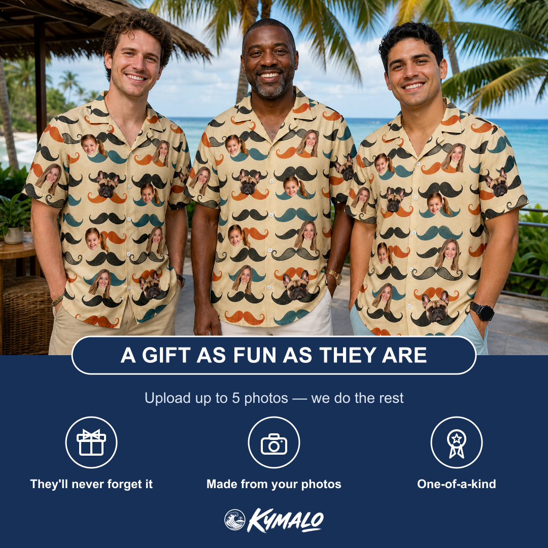 Friends in matching Men's Stache Celebration Custom Face Hawaiian Shirt — a group gift photo