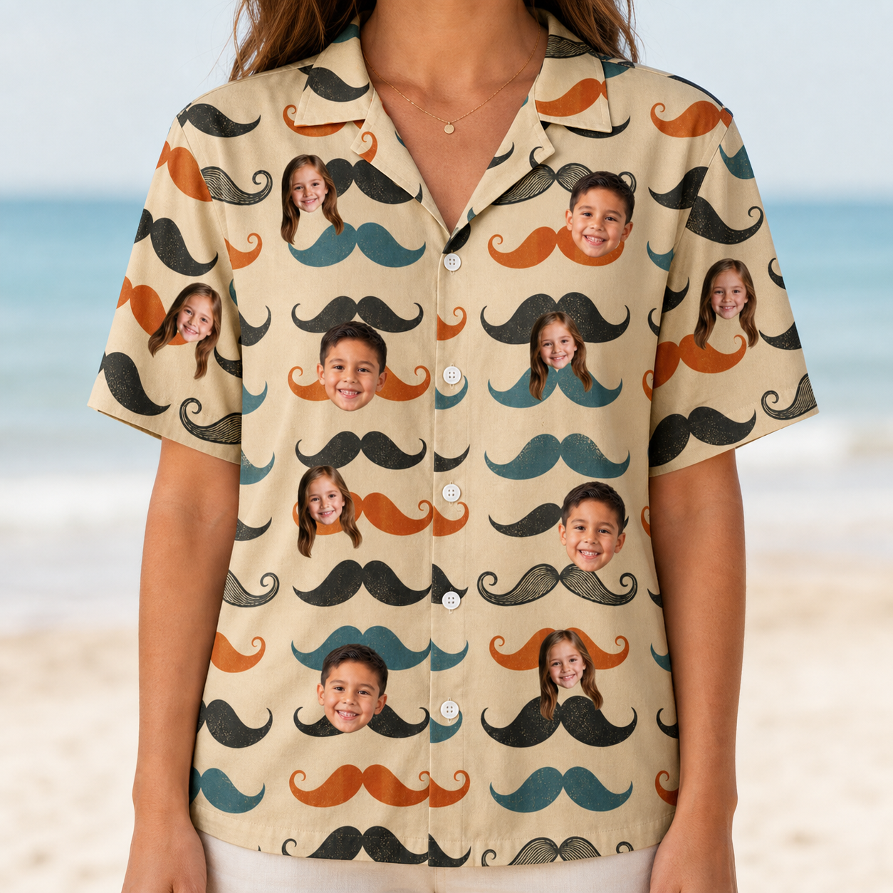 Model wearing Women's Stache Celebration Custom Face Hawaiian Shirt printed with kids' faces