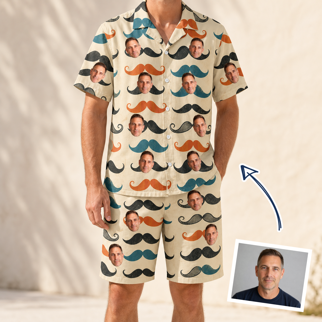 Man wearing Men's Stache Celebration Custom Face Shirt & Shorts Set — custom faces printed all-over