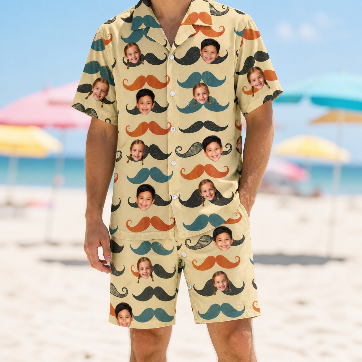 Model wearing Men's Stache Celebration Custom Face Shirt & Shorts Set printed with kids' faces