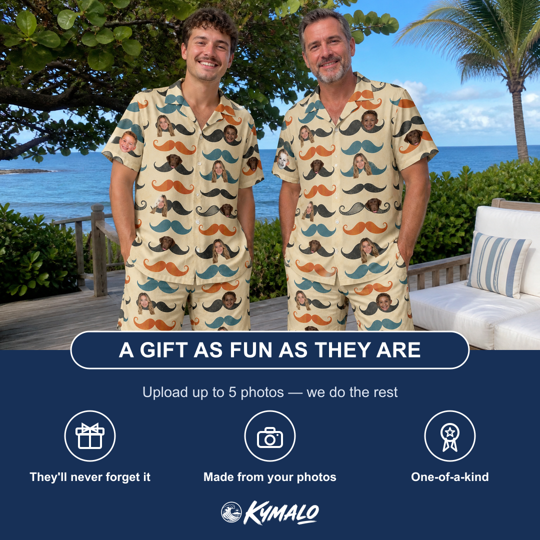 Friends in matching Men's Stache Celebration Custom Face Shirt & Shorts Set — a group gift photo