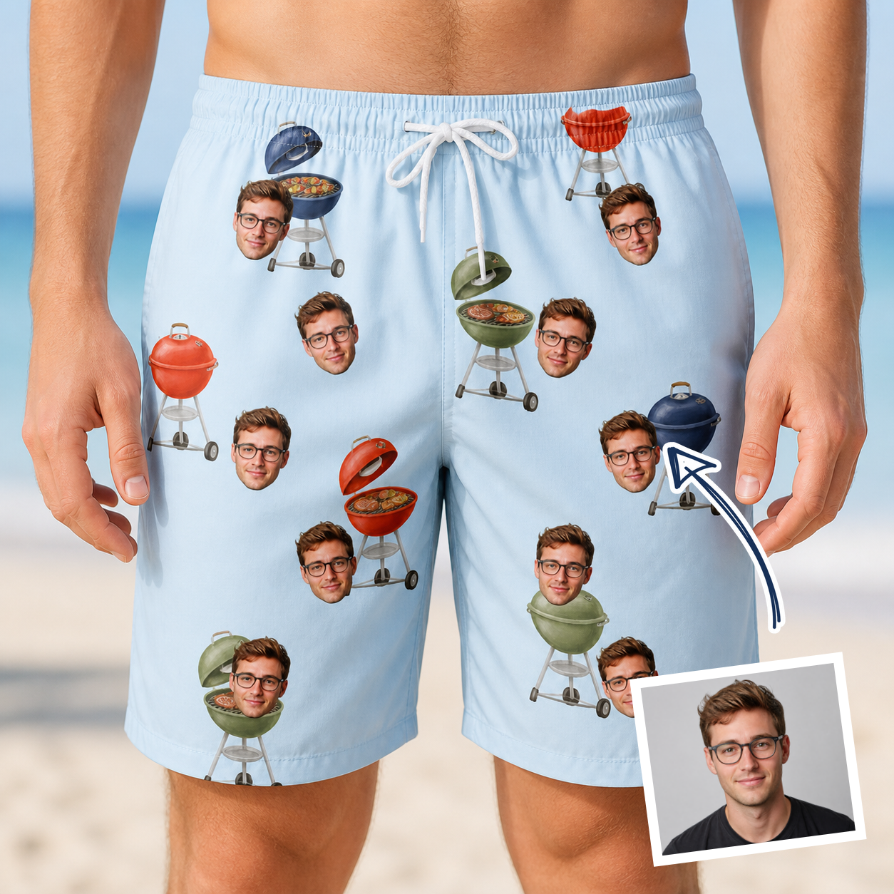 Man wearing Men's Pitmaster Swagger Custom Face Beach Shorts — custom faces printed all-over