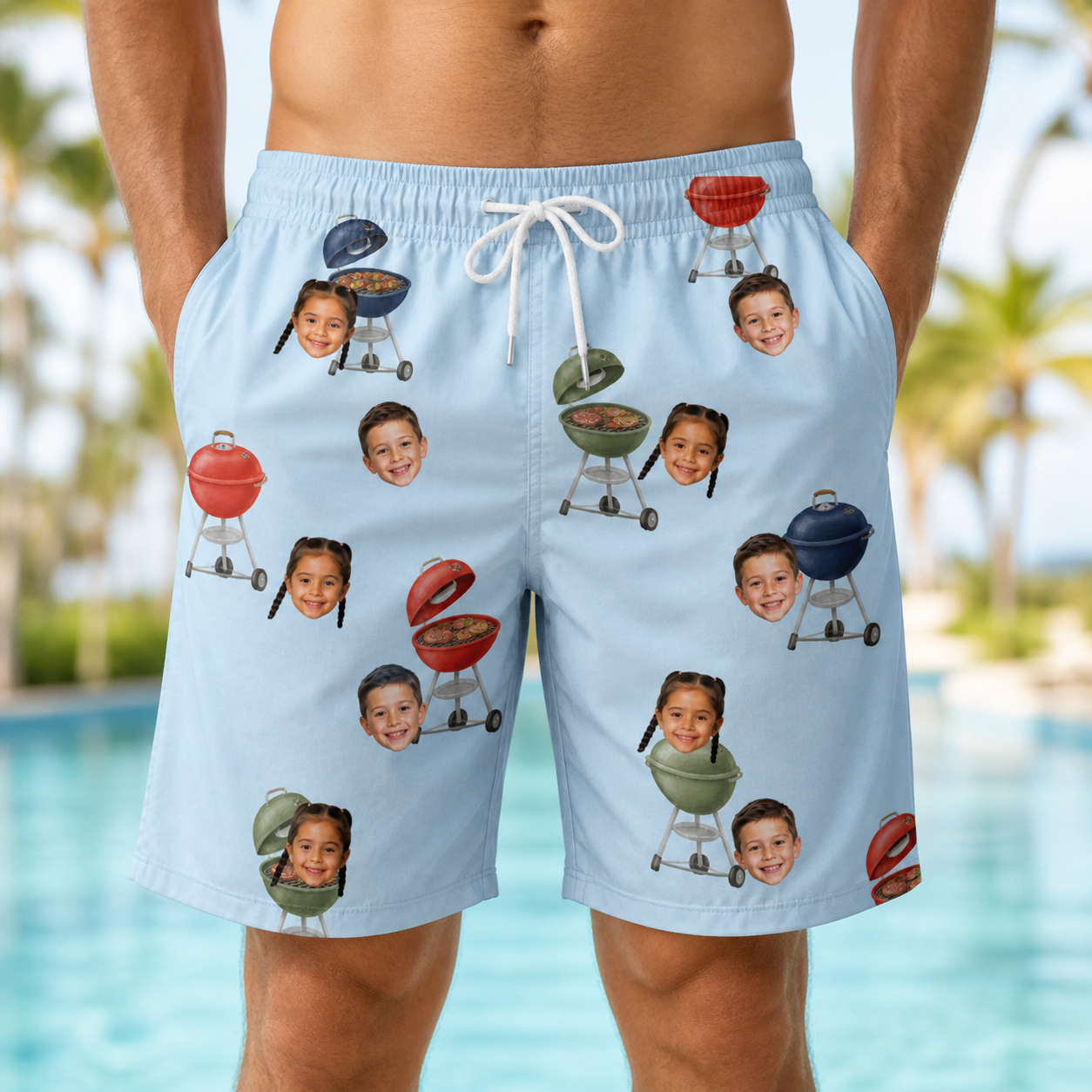 Model wearing Men's Pitmaster Swagger Custom Face Beach Shorts printed with kids' faces