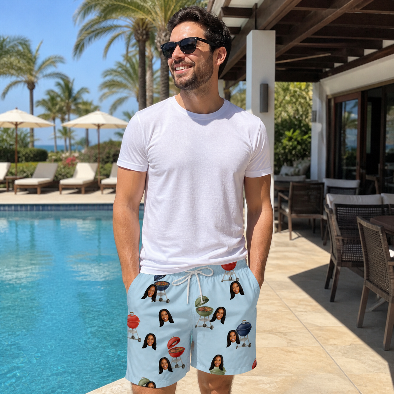 Real-life photo of someone wearing Men's Pitmaster Swagger Custom Face Beach Shorts — custom faces printed all-over