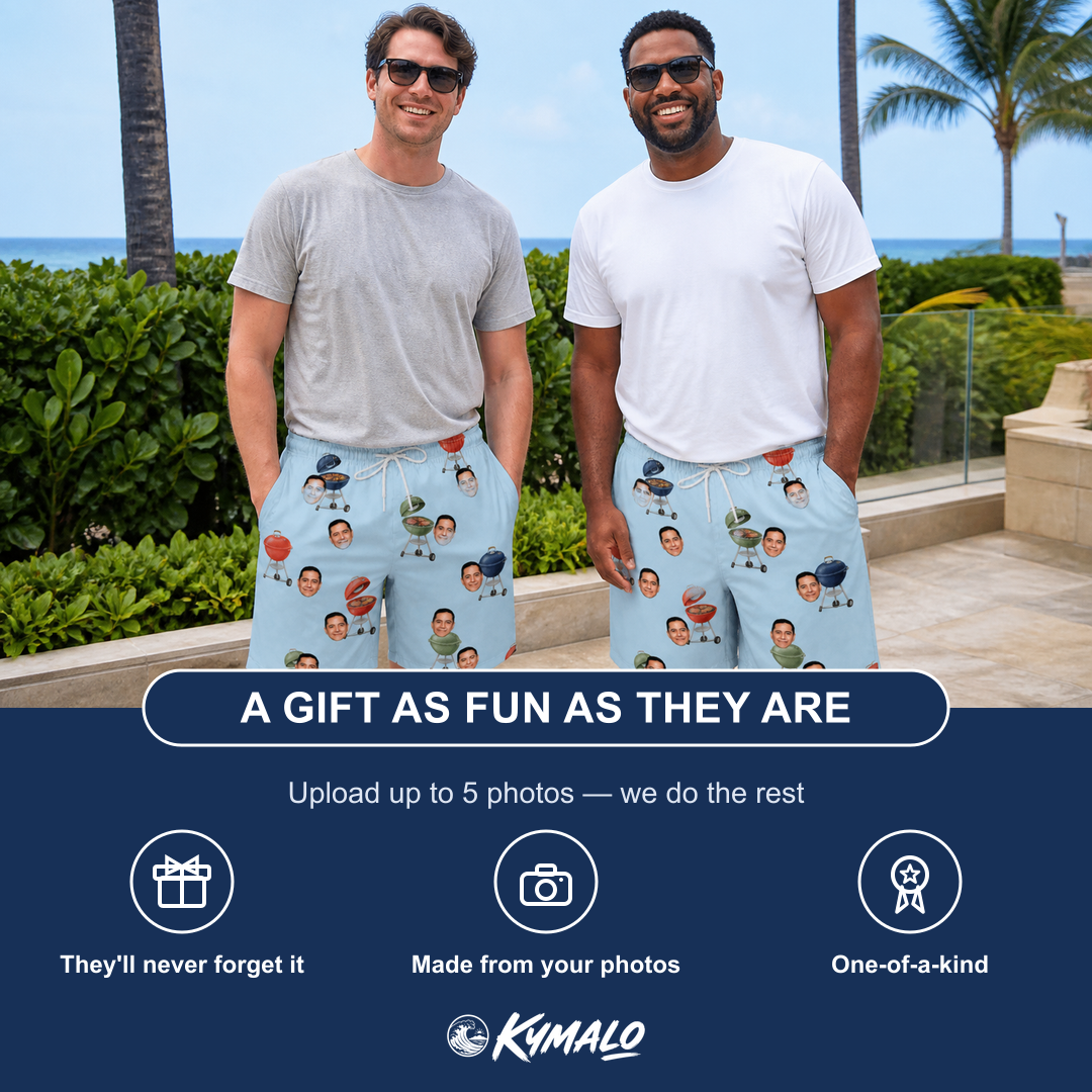 Friends in matching Men's Pitmaster Swagger Custom Face Beach Shorts — a group gift photo