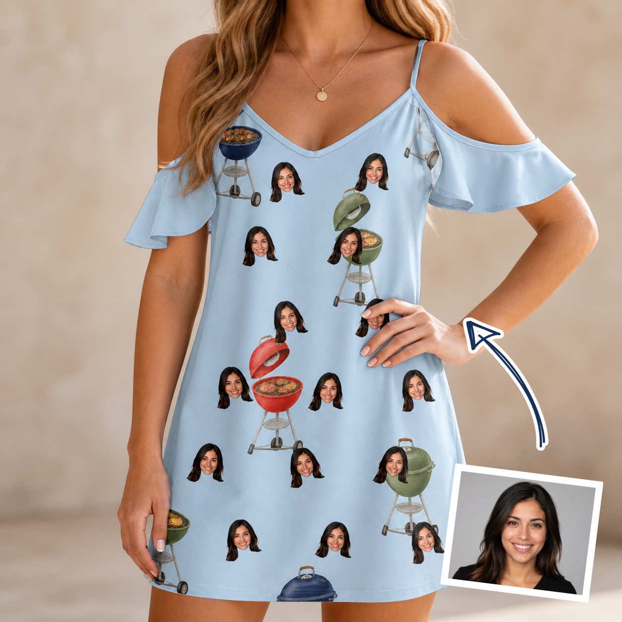 Woman wearing Women's Pitmaster Swagger Custom Face Off-Shoulder Dress — custom faces printed all-over