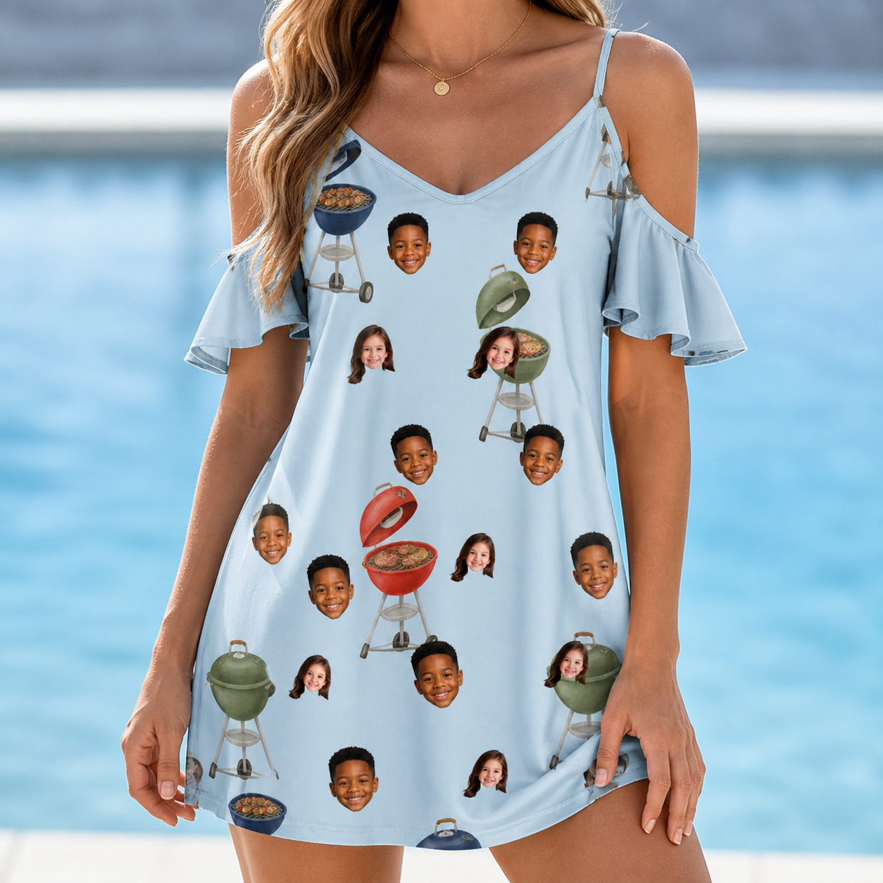 Model wearing Women's Pitmaster Swagger Custom Face Off-Shoulder Dress printed with kids' faces