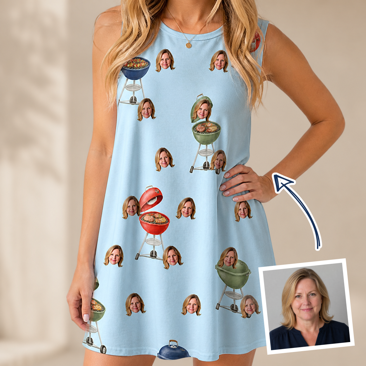 Woman wearing Women's Pitmaster Swagger Custom Face Tank Dress — custom faces printed all-over