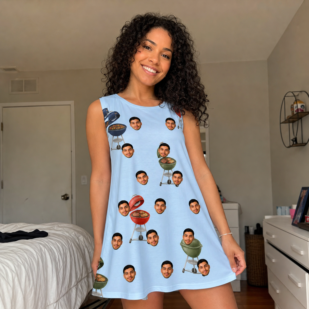 Real-life photo of someone wearing Women's Pitmaster Swagger Custom Face Tank Dress — custom faces printed all-over