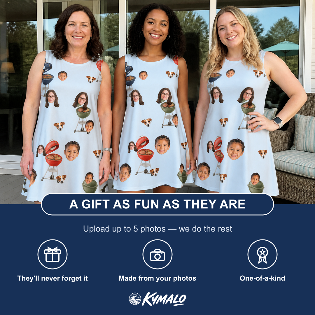 Friends in matching Women's Pitmaster Swagger Custom Face Tank Dress — a group gift photo
