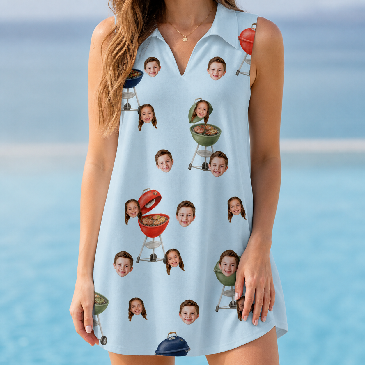 Model wearing Women's Pitmaster Swagger Custom Face V-Neck Dress printed with kids' faces