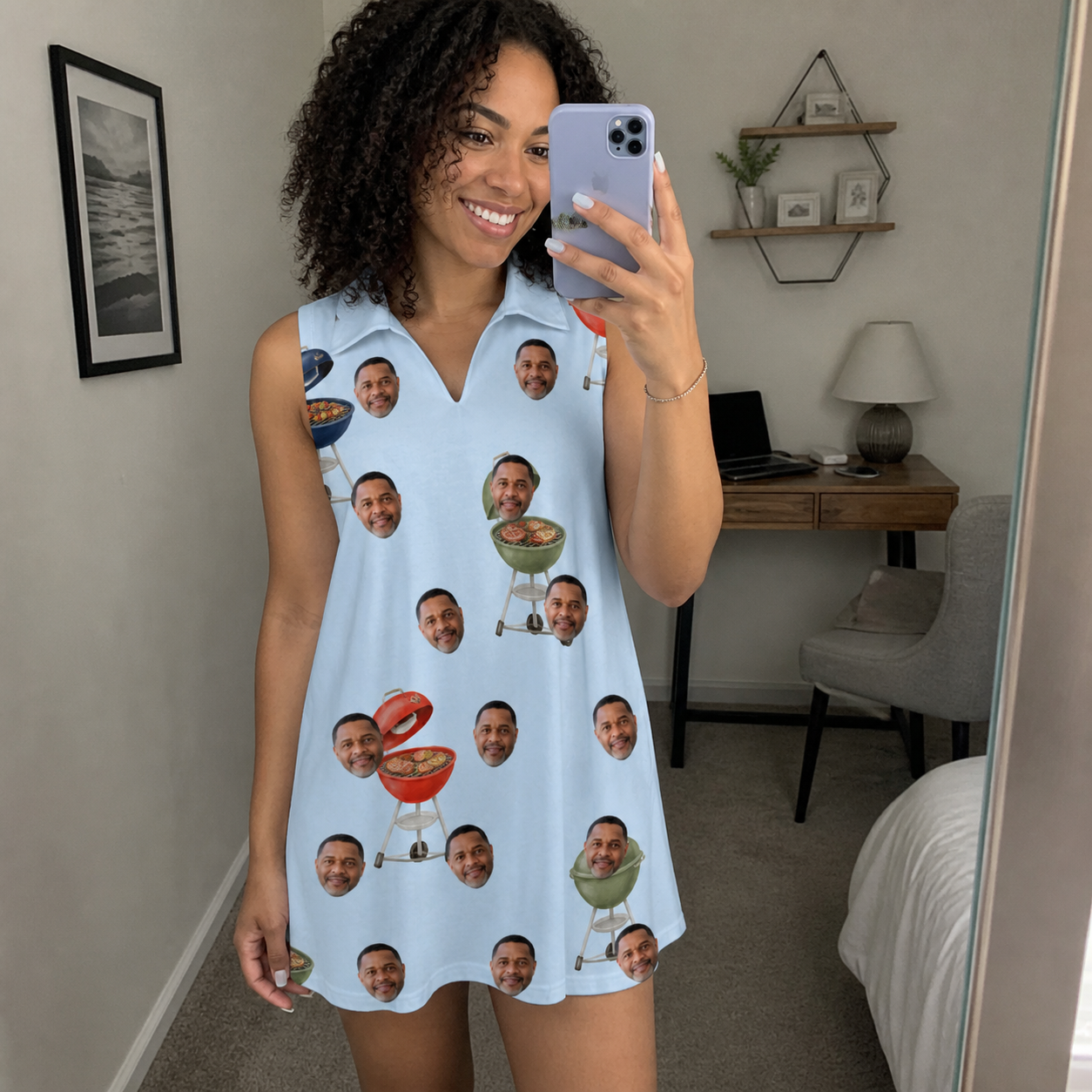 Real-life photo of someone wearing Women's Pitmaster Swagger Custom Face V-Neck Dress — custom faces printed all-over