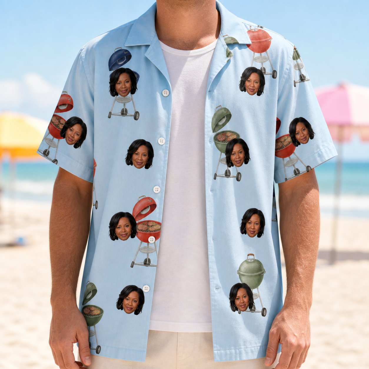 Man wearing Men's Pitmaster Swagger Custom Face Hawaiian Shirt open over a white tee