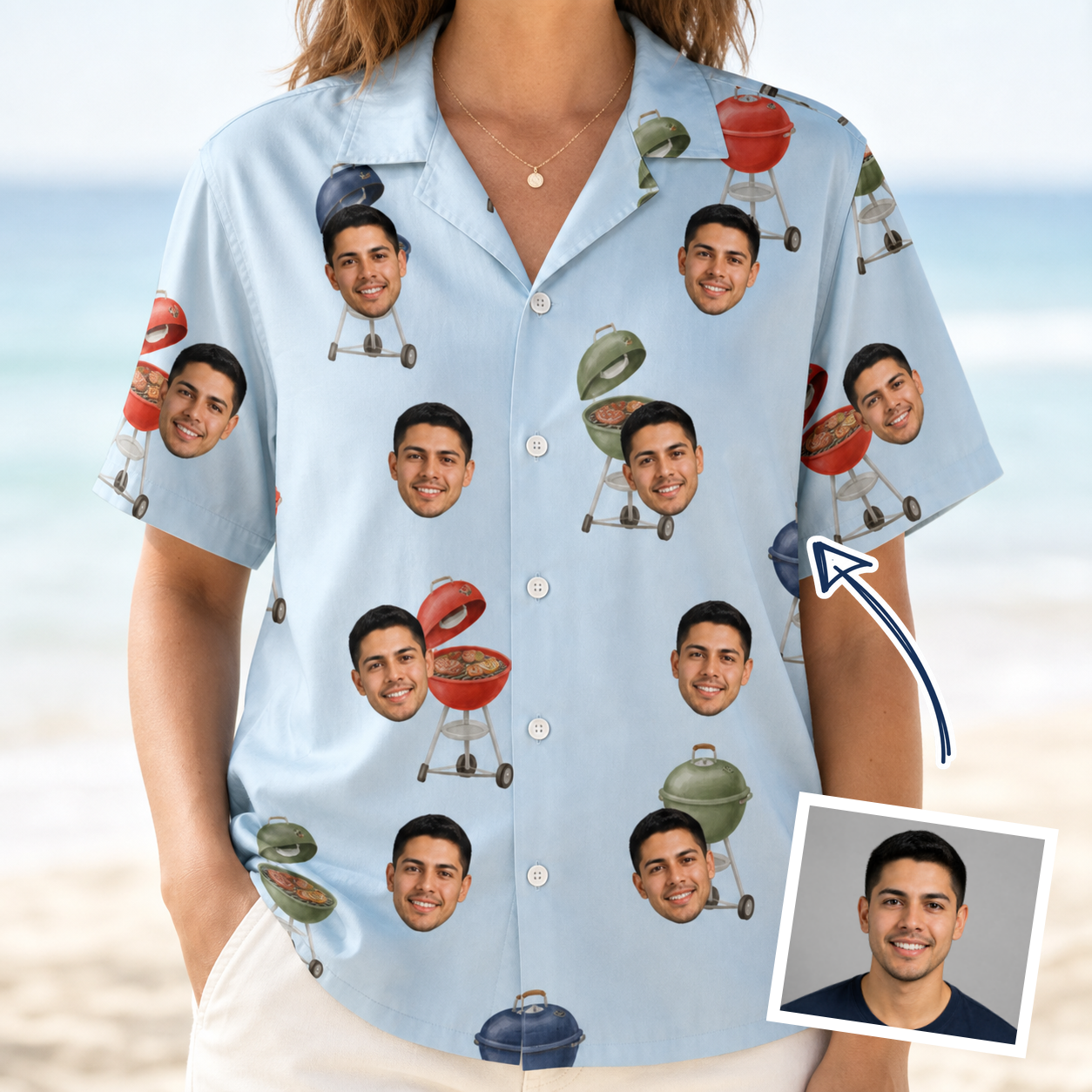 Woman wearing Women's Pitmaster Swagger Custom Face Hawaiian Shirt — custom faces printed all-over