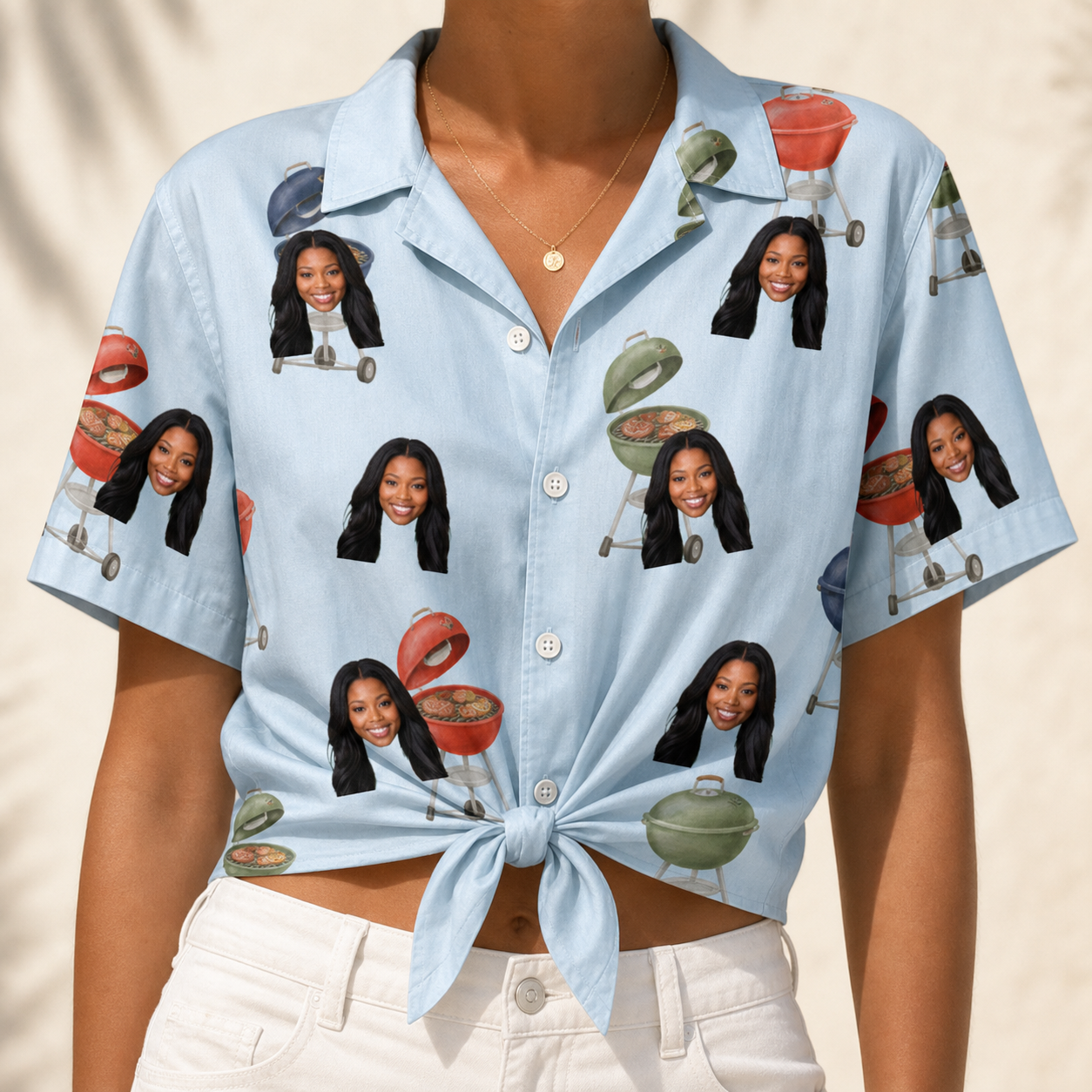 Woman wearing Women's Pitmaster Swagger Custom Face Hawaiian Shirt tied at the waist
