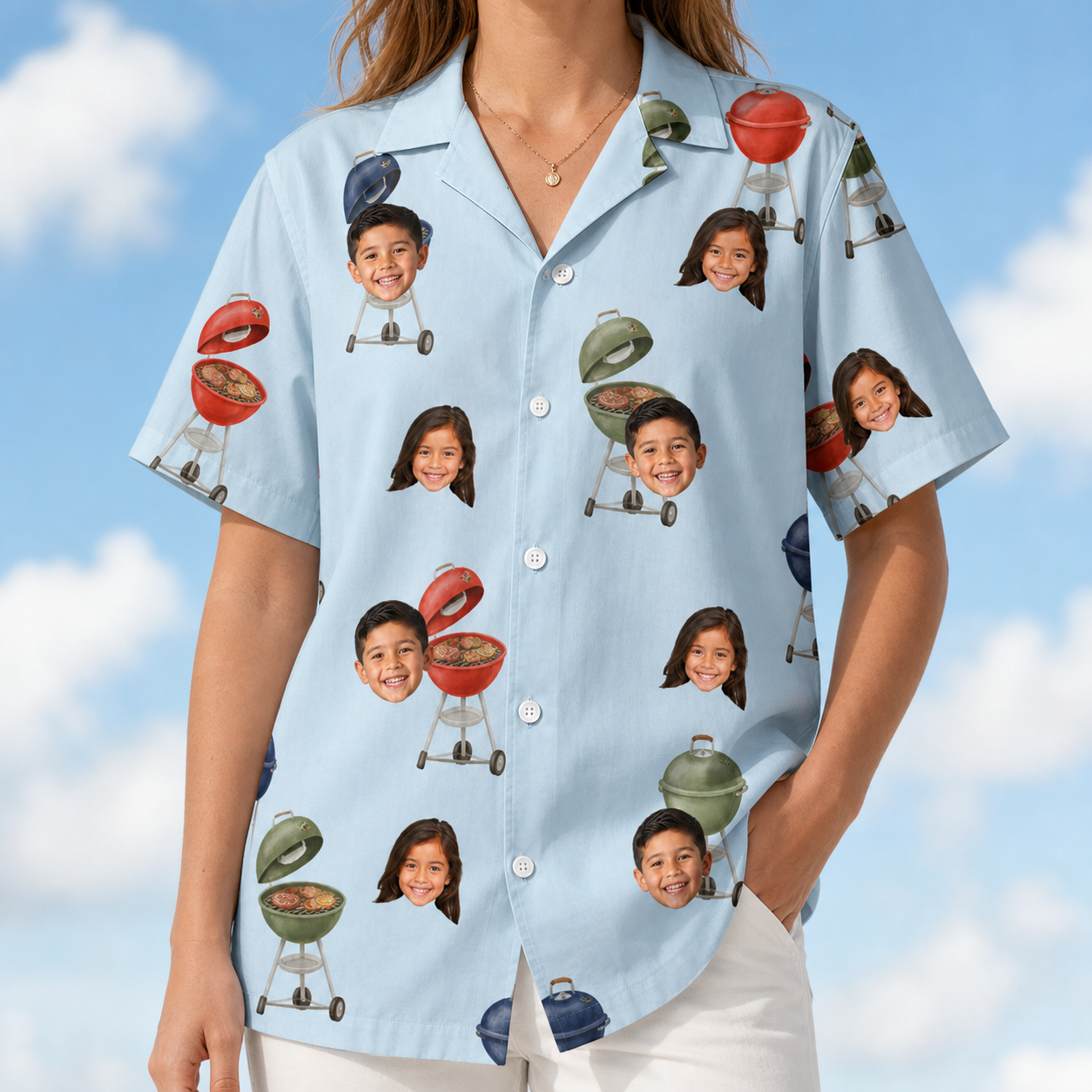 Model wearing Women's Pitmaster Swagger Custom Face Hawaiian Shirt printed with kids' faces