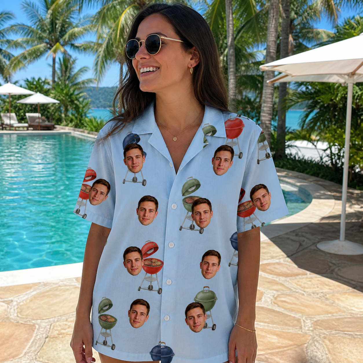 Real-life photo of someone wearing Women's Pitmaster Swagger Custom Face Hawaiian Shirt — custom faces printed all-over