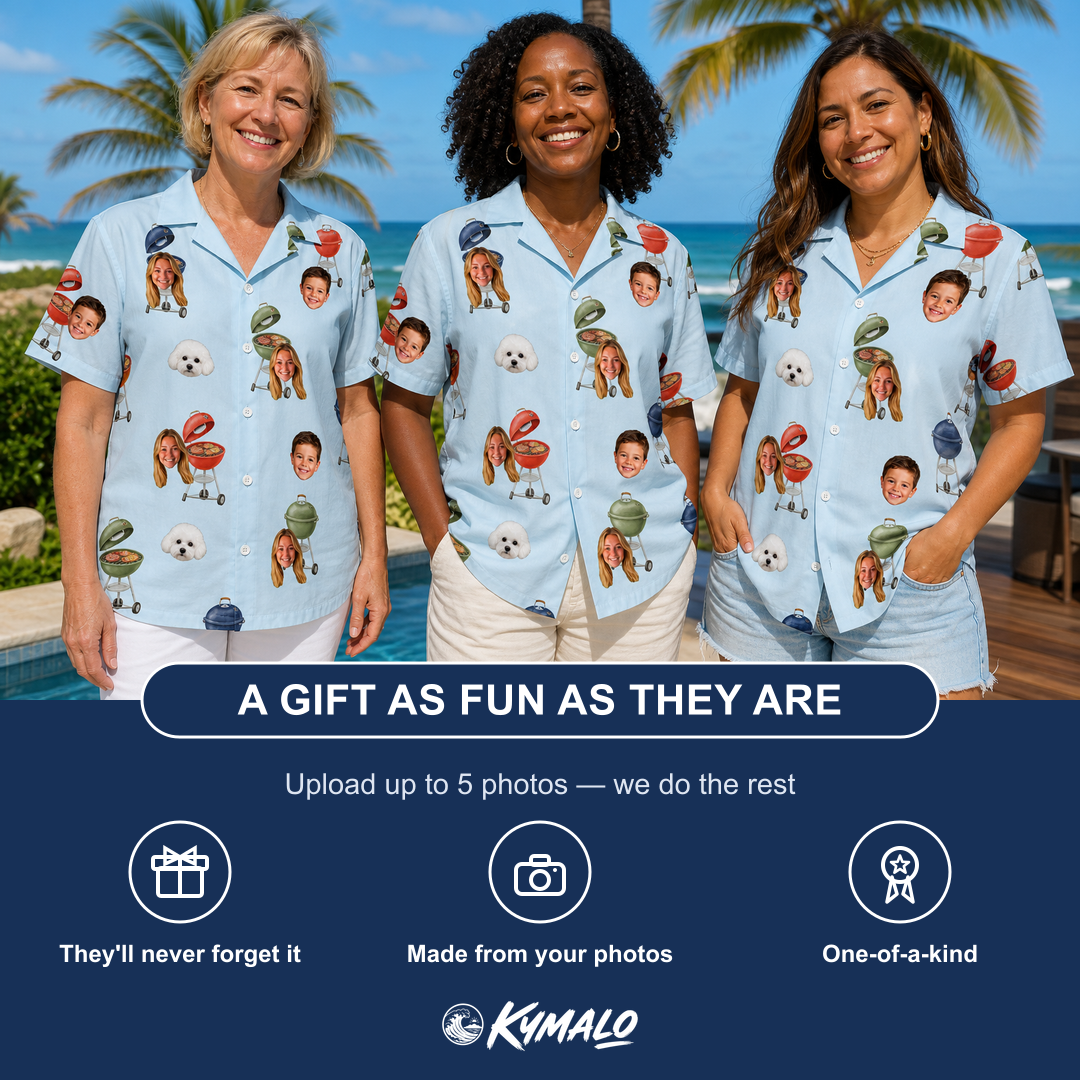 Friends in matching Women's Pitmaster Swagger Custom Face Hawaiian Shirt — a group gift photo
