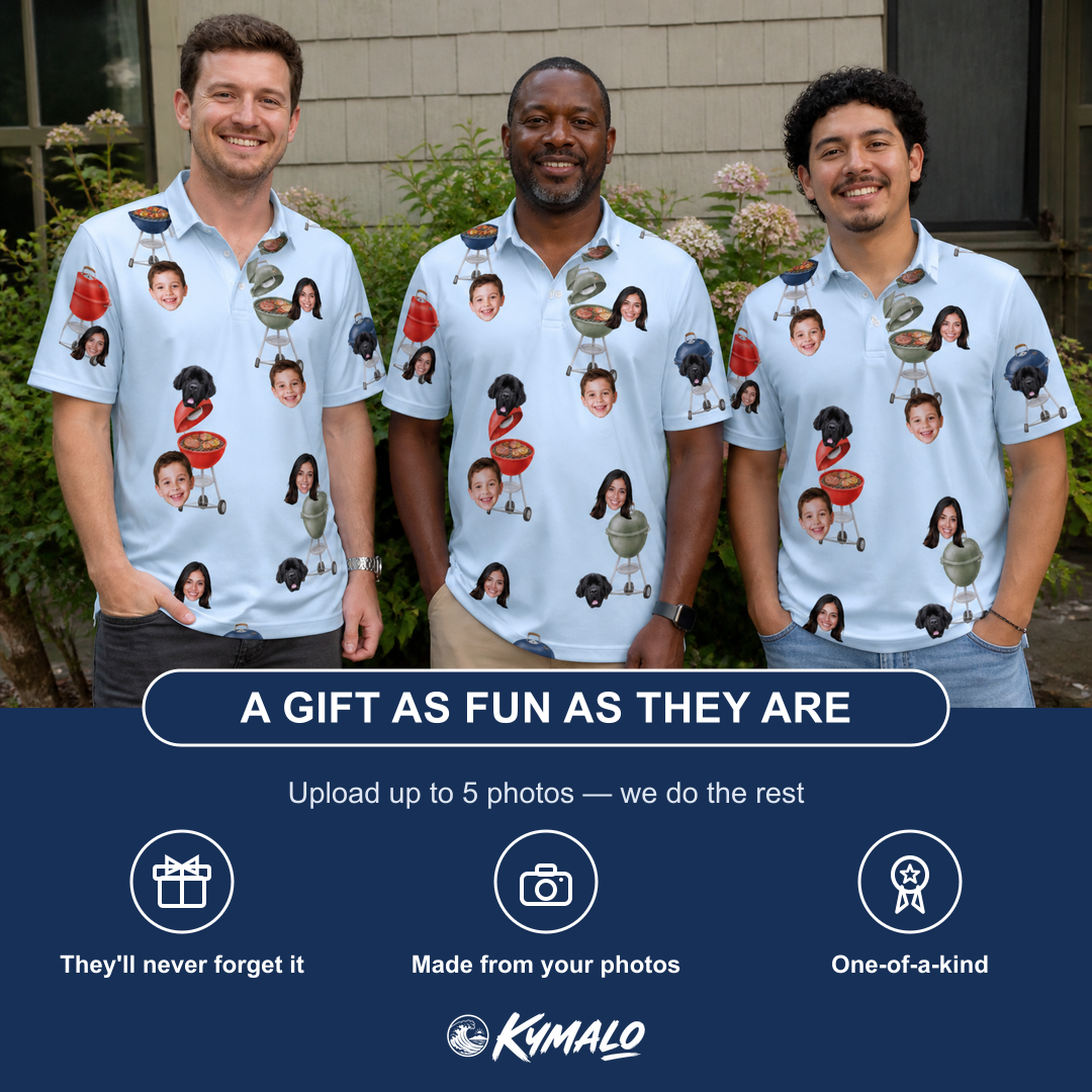 Friends in matching Men's Pitmaster Swagger Custom Face Polo Shirt — a group gift photo