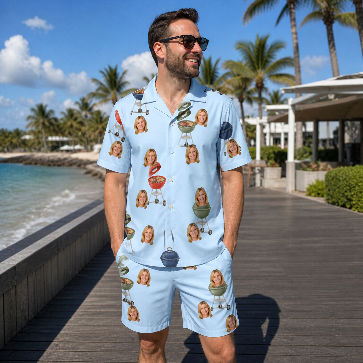 Real-life photo of someone wearing Men's Pitmaster Swagger Custom Face Shirt & Shorts Set — custom faces printed all-over