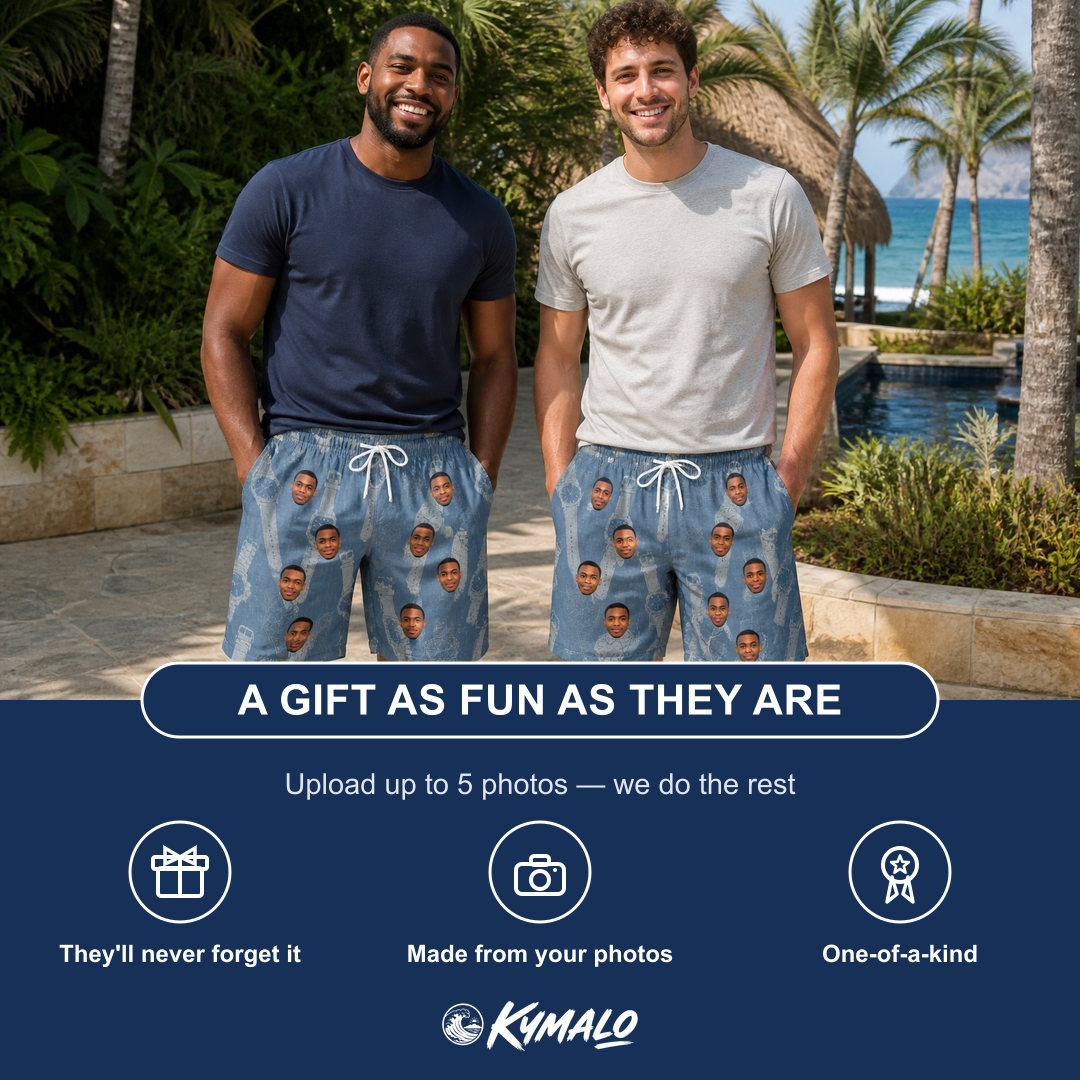 Friends in matching Men's Chrono Chaps Custom Face Beach Shorts — a group gift photo